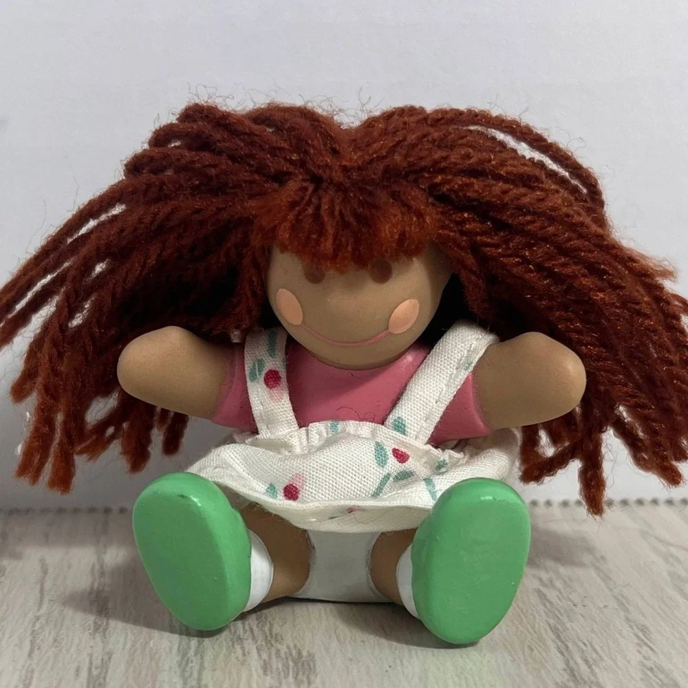 Little Tikes Doll House Baby Figure Pink White Dress Brown Yarn Hair Vintage